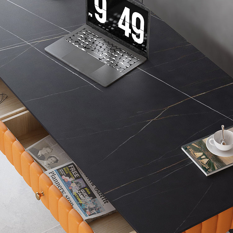 Contemporary Office Desk Sintered Stone Desktop with 2 Drawers Black Table Leg Desk Clearhalo 'furn' 'furn_office_desk' 'Furniture' 'Office Desks' 'Office Furniture' 'office_desk' 5419219