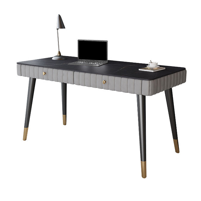 Contemporary Office Desk Sintered Stone Desktop with 2 Drawers Black Table Leg Desk Grey Clearhalo 'furn' 'furn_office_desk' 'Furniture' 'Office Desks' 'Office Furniture' 'office_desk' 5419222