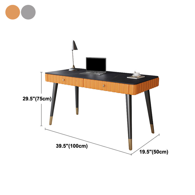 Contemporary Office Desk Sintered Stone Desktop with 2 Drawers Black Table Leg Desk Clearhalo 'furn' 'furn_office_desk' 'Furniture' 'Office Desks' 'Office Furniture' 'office_desk' 5419224