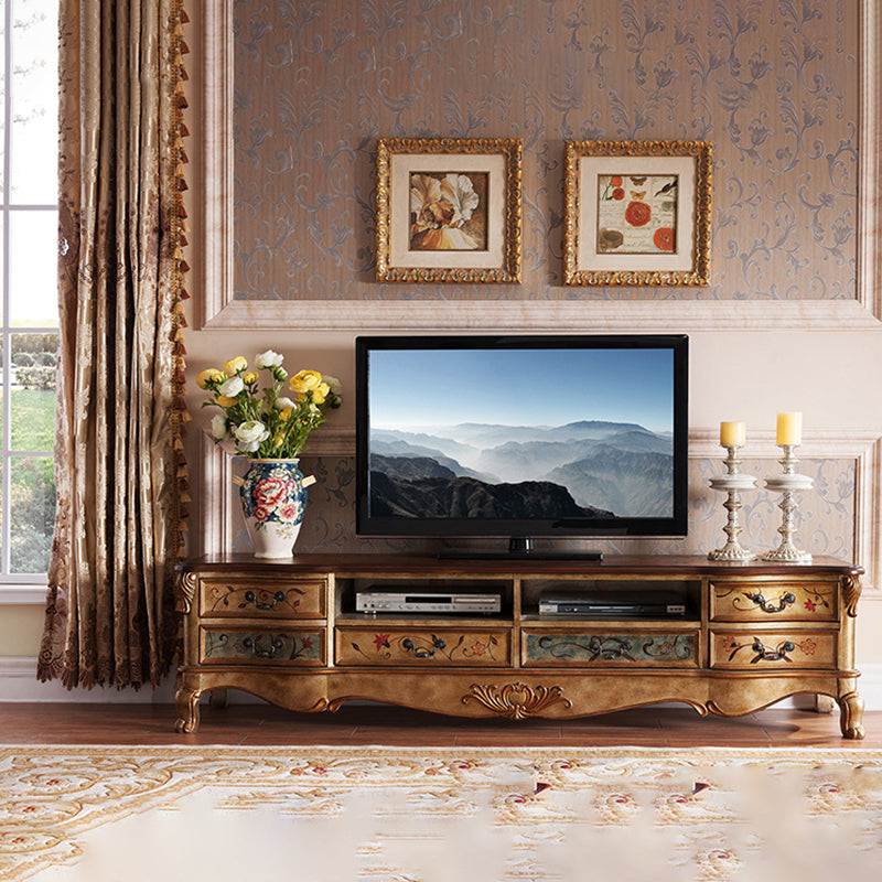 Mueble para TV de estilo tradicional, mueble para TV de madera de abedul con 6 cajones