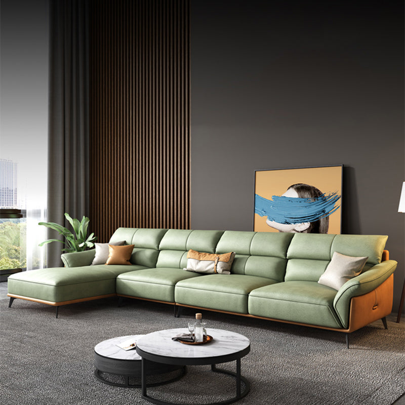 Pillow Arms Sectional Green Modern Faux Leather Living Room Sofa & Chaise 146"L x 71"W x 35"H Sponge Clearhalo 'furn' 'furn_sectionals' 'Furniture' 'Living Room Furniture' 'Sectionals' 5421400