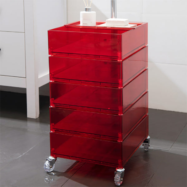 Plastic Nightstand Or End Table 28" Tall Nightstand with Drawers and Wheel Clear-Red Single Cover Clearhalo 'Bedroom Furniture' 'furn' 'furn_night_stand' 'Furniture' 'night_stand' 'Nightstands' 5422356