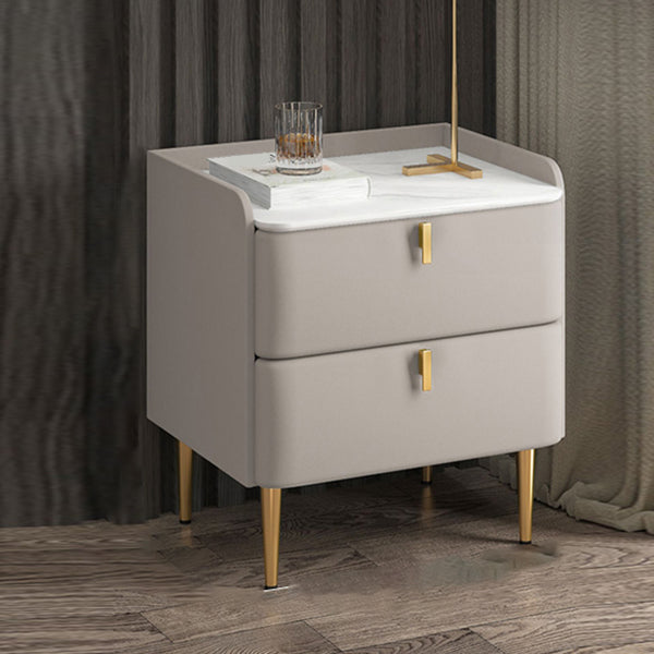 Luxury Stone Top Nightstand 18.5" Tall Leather Night Table with Drawers