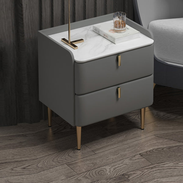 Luxury Stone Top Nightstand 18.5" Tall Leather Night Table with Drawers