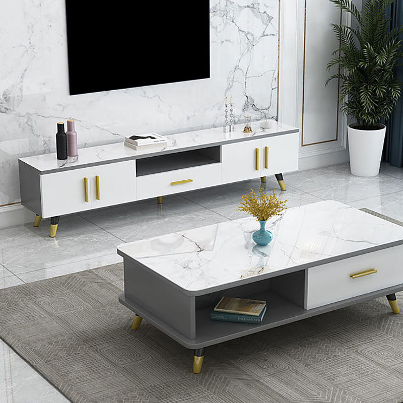 Open Storage 18" H TV Stand , Faux Wood TV Stand Console in Grey / White Clearhalo 'furn' 'furn_tv_stands_entertainment_centers' 'Furniture' 'Living Room Furniture' 'TV Stands & Entertainment Centers' 'TV Stands & Media Storage Furniture' 'tv_stands_entertainment_centers' 5429884