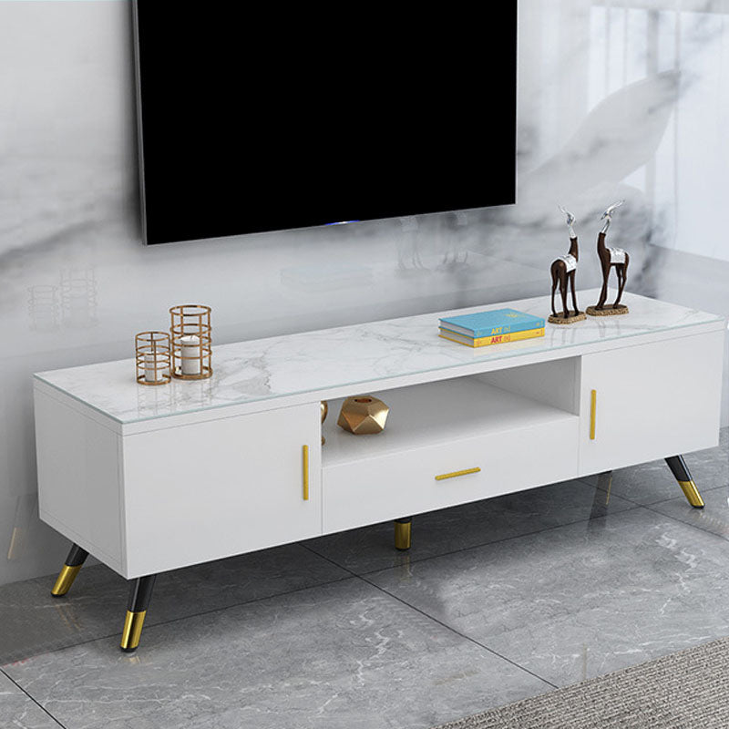 Open Storage 18" H TV Stand , Faux Wood TV Stand Console in Grey / White 55"L x 14"W x 18"H White Clearhalo 'furn' 'furn_tv_stands_entertainment_centers' 'Furniture' 'Living Room Furniture' 'TV Stands & Entertainment Centers' 'TV Stands & Media Storage Furniture' 'tv_stands_entertainment_centers' 5429894