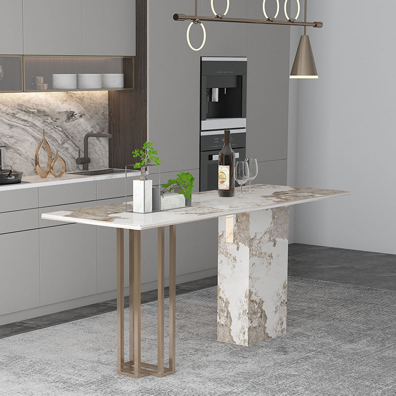 Double Pedestal Kitchen Counter Height Table Contemporary Rectangle Pub Table 63"L x 19.7"W x 41.3"H Gold Without Chairs Clearhalo 'Bar Furniture' 'Bar Tables' 'bar_tables' 'furn' 'furn_bar_tables' 'Furniture' 'Kitchen & Dining Furniture' 5432756