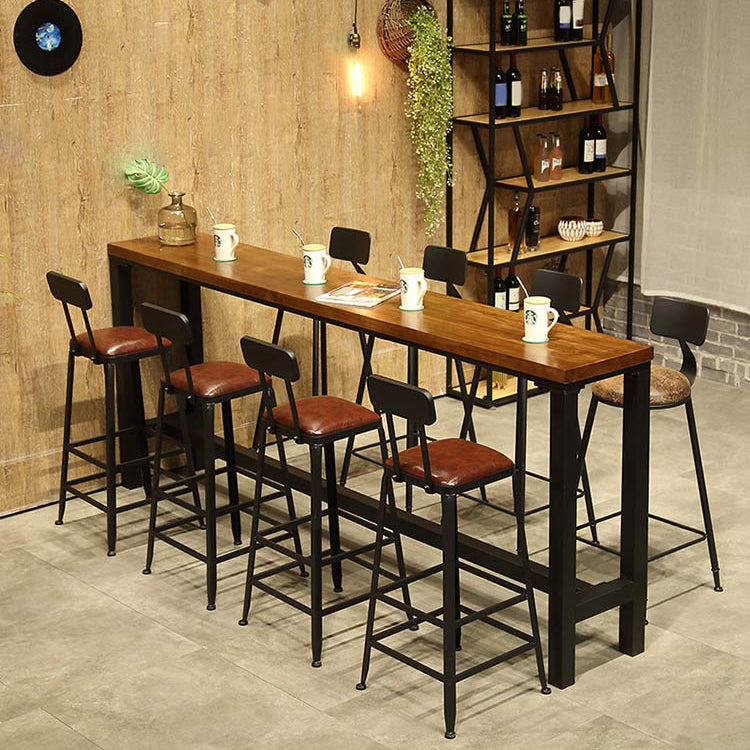 Modern Coffee Shop Bar Table Set 1/2/5/9 Pieces Rectangle Wood Pub Dining Set 9 Pieces: Table, 4 Black+4 Wood Stools Clearhalo 'Bar Furniture' 'furn' 'furn_home_bar_bar_sets' 'Furniture' 'Home Bars & Bar Sets' 'home_bar_bar_sets' 'Kitchen & Dining Furniture' 5433490