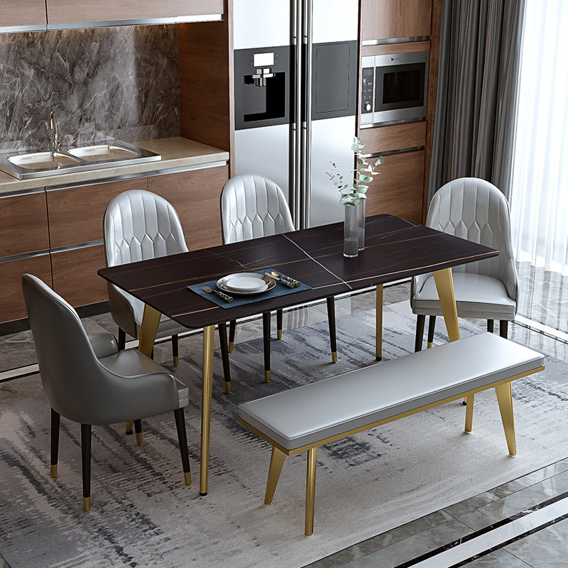 Glam Dining Table Set 1/2/5/6/7 Pieces Sintered Stone Dining Set 6 Pieces: Black-Gold Table, 4 Chairs, 1 Bench Clearhalo 'Dining Room Sets' 'Dining Tables & Seating' 'dining_room_set' 'furn' 'furn_dining_room_set' 'Furniture' 'Kitchen & Dining Furniture' 5433834