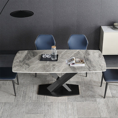 Luxury Sintered Stone Top Dining Table Rectangle Dining Table with Metal Pedestal in Black
