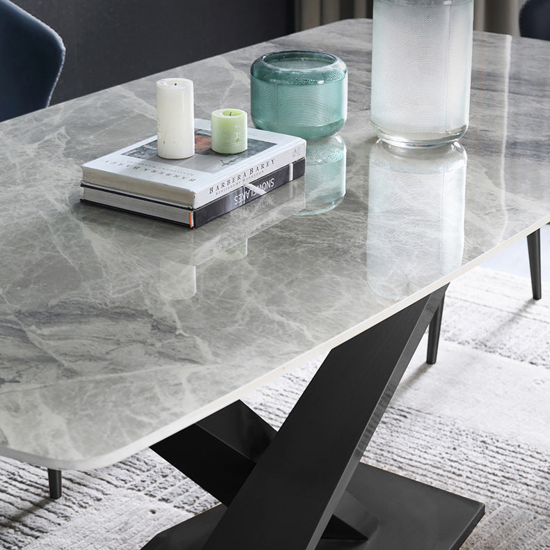 Luxury Sintered Stone Top Dining Table Rectangle Dining Table with Metal Pedestal in Black