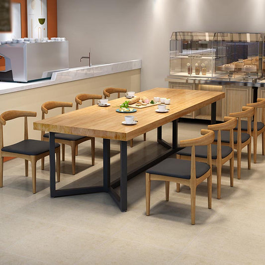Black Metal Trestle Base Dining Table Rectangle Solid Wood Top Kitchen Dining Table Without Chairs