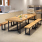 Table à manger avec base à tréteaux en métal noir, plateau rectangulaire en bois massif, Table à manger de cuisine