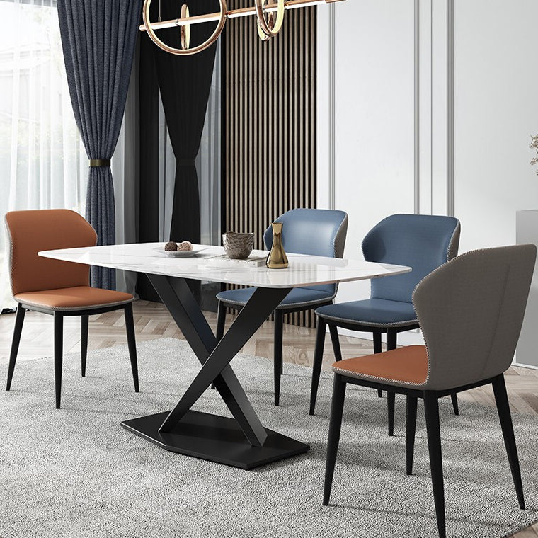 Modern Pedestal Casual Dining Table Stone Top Black Frame Dining Site Table