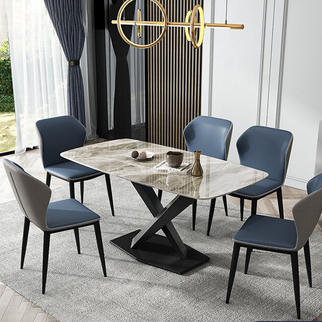 Modern Pedestal Casual Dining Table Stone Top Black Frame Dining Site Table