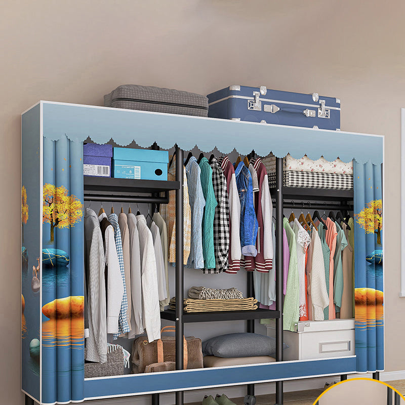 Steel Frame Wardrobe Armoire Contemporary Style Wardrobe Cabinet for Home 66"L x 18"W x 69"H Blue Clearhalo 'Armoires & Wardrobes' 'armoires_wardrobes' 'Bedroom Furniture' 'furn' 'furn_armoires_wardrobes' 'Furniture' 5435666
