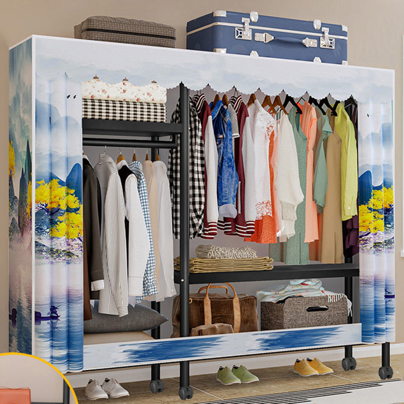 Steel Frame Wardrobe Armoire Contemporary Style Wardrobe Cabinet for Home 57.5"L x 18"W x 69"H White-Blue Clearhalo 'Armoires & Wardrobes' 'armoires_wardrobes' 'Bedroom Furniture' 'furn' 'furn_armoires_wardrobes' 'Furniture' 5435671