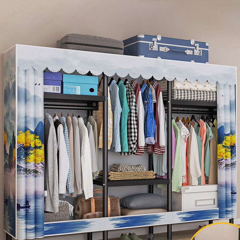 Steel Frame Wardrobe Armoire Contemporary Style Wardrobe Cabinet for Home 81"L x 18"W x 69"H White-Blue Clearhalo 'Armoires & Wardrobes' 'armoires_wardrobes' 'Bedroom Furniture' 'furn' 'furn_armoires_wardrobes' 'Furniture' 5435675