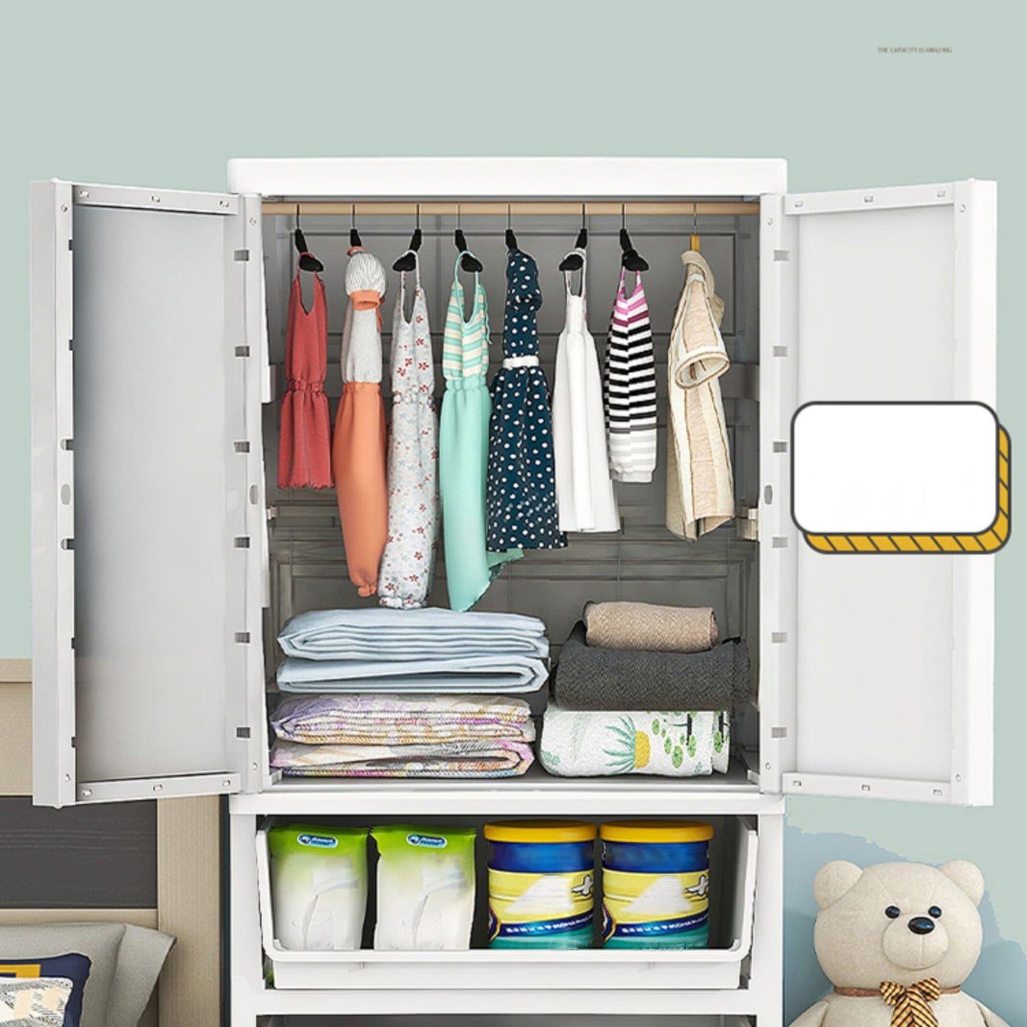 Beige and White Wardrobe Armoire Contemporary Style Plastic Wardrobe Cabinet