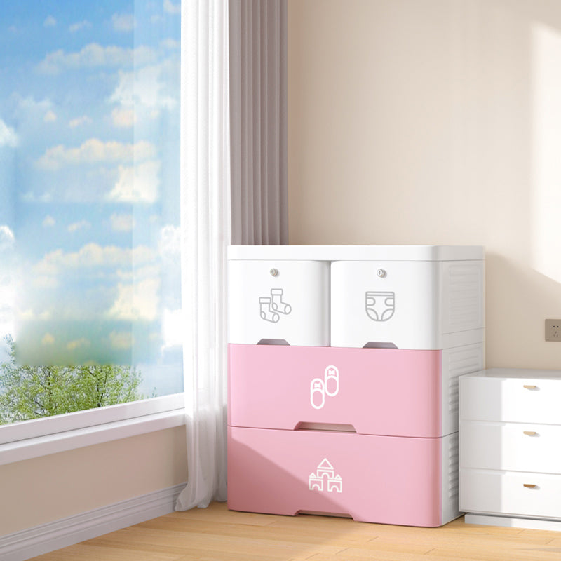 Contemporary Style Non-Hanging Armoire Plastic Storage Cabinet with Drawers 19"L x 15"W x 25"H White-Pink Clearhalo 'Armoires & Wardrobes' 'armoires_wardrobes' 'Bedroom Furniture' 'furn' 'furn_armoires_wardrobes' 'Furniture' 5435841