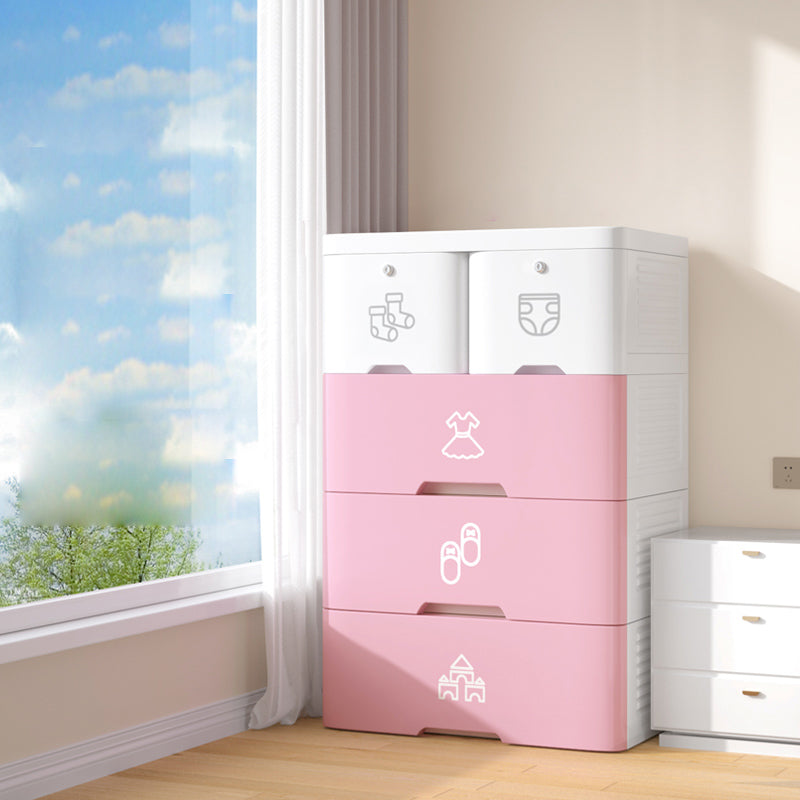 Contemporary Style Non-Hanging Armoire Plastic Storage Cabinet with Drawers 19"L x 15"W x 32"H White-Pink Clearhalo 'Armoires & Wardrobes' 'armoires_wardrobes' 'Bedroom Furniture' 'furn' 'furn_armoires_wardrobes' 'Furniture' 5435845