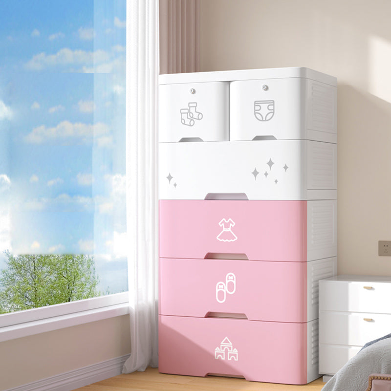 Contemporary Style Non-Hanging Armoire Plastic Storage Cabinet with Drawers 22"L x 15"W x 42.5"H White-Pink Clearhalo 'Armoires & Wardrobes' 'armoires_wardrobes' 'Bedroom Furniture' 'furn' 'furn_armoires_wardrobes' 'Furniture' 5435851