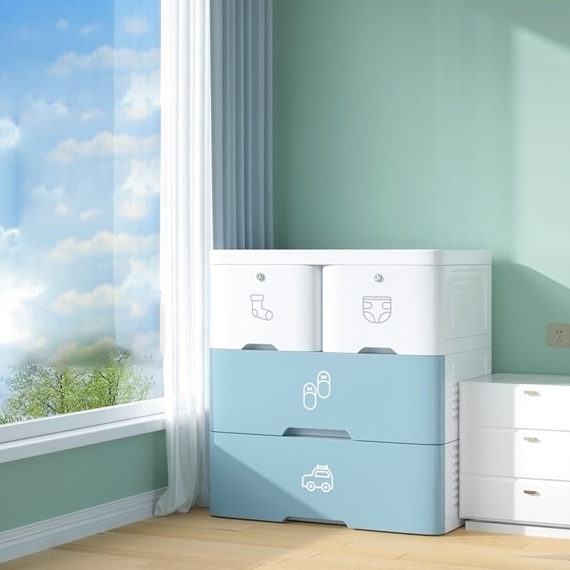 Contemporary Style Non-Hanging Armoire Plastic Storage Cabinet with Drawers 22"L x 15"W x 26"H White-Blue Clearhalo 'Armoires & Wardrobes' 'armoires_wardrobes' 'Bedroom Furniture' 'furn' 'furn_armoires_wardrobes' 'Furniture' 5435857