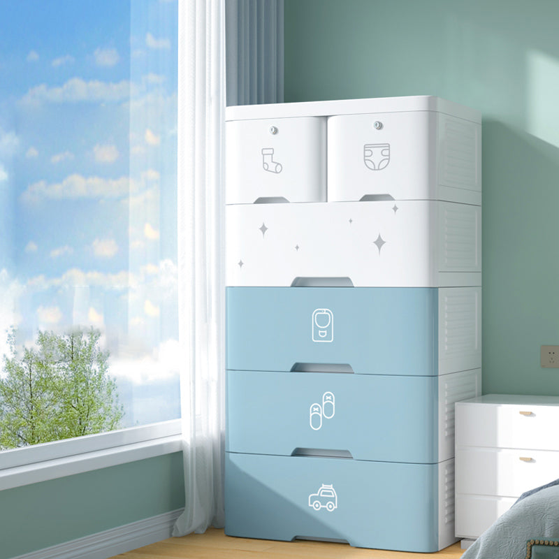 Contemporary Style Non-Hanging Armoire Plastic Storage Cabinet with Drawers 19"L x 15"W x 40"H White-Blue Clearhalo 'Armoires & Wardrobes' 'armoires_wardrobes' 'Bedroom Furniture' 'furn' 'furn_armoires_wardrobes' 'Furniture' 5435860