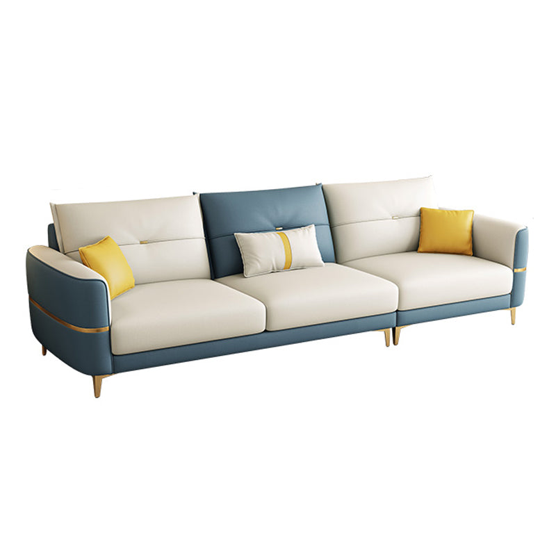 Glam Faux Leather Sofa Blue and Beige Square Arm Sofa with Pillows