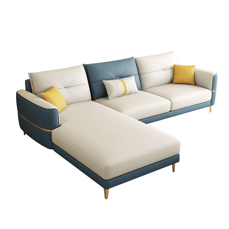 Glam Faux Leather Sofa Blue and Beige Square Arm Sofa with Pillows