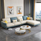 Glam Faux Leather Sofa Blue and Beige Square Arm Sofa with Pillows