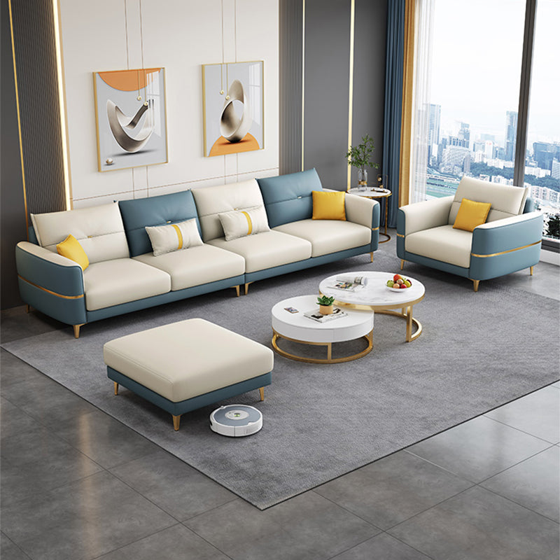 Glam Faux Leather Sofa Blue and Beige Square Arm Sofa with Pillows