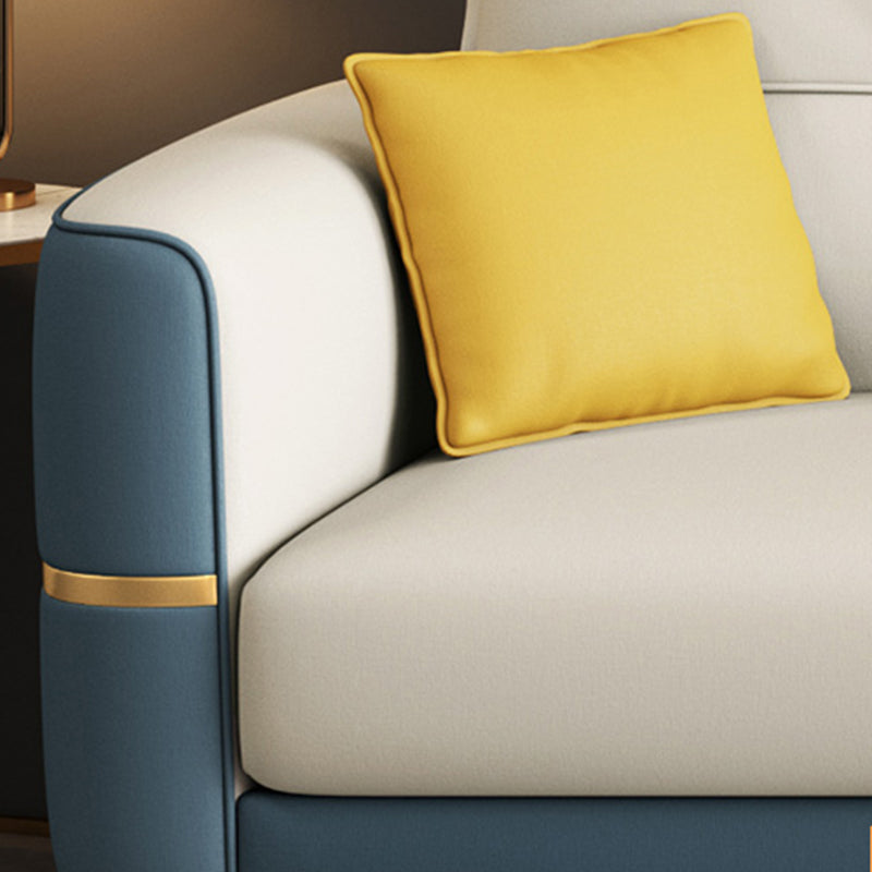 Glam Faux Leather Sofa Blue and Beige Square Arm Sofa with Pillows