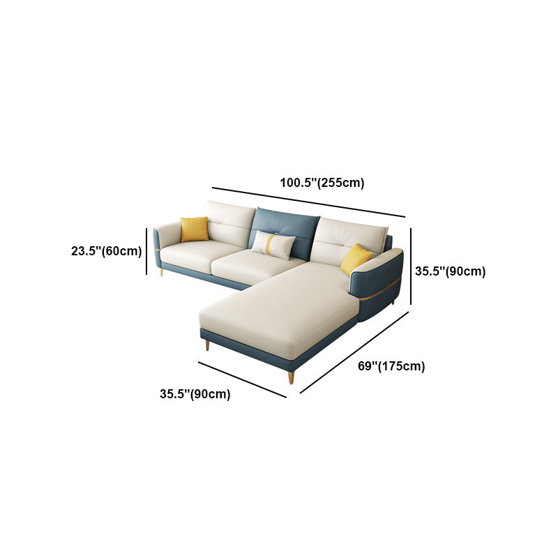 Glam Faux Leather Sofa Blue and Beige Square Arm Sofa with Pillows