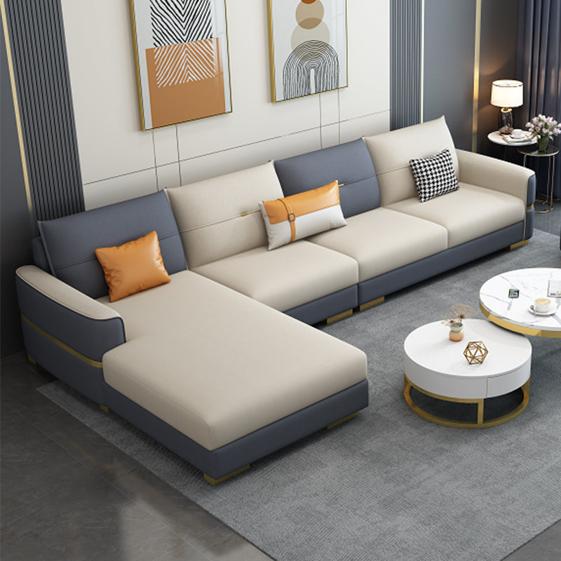 Faux Leather Square Arm Sofa Glam Grey and Beige Sofa Chaise 130"L x 69"W x 36"H Left Clearhalo 'furn' 'furn_sectionals' 'Furniture' 'Living Room Furniture' 'Sectionals' 5436782