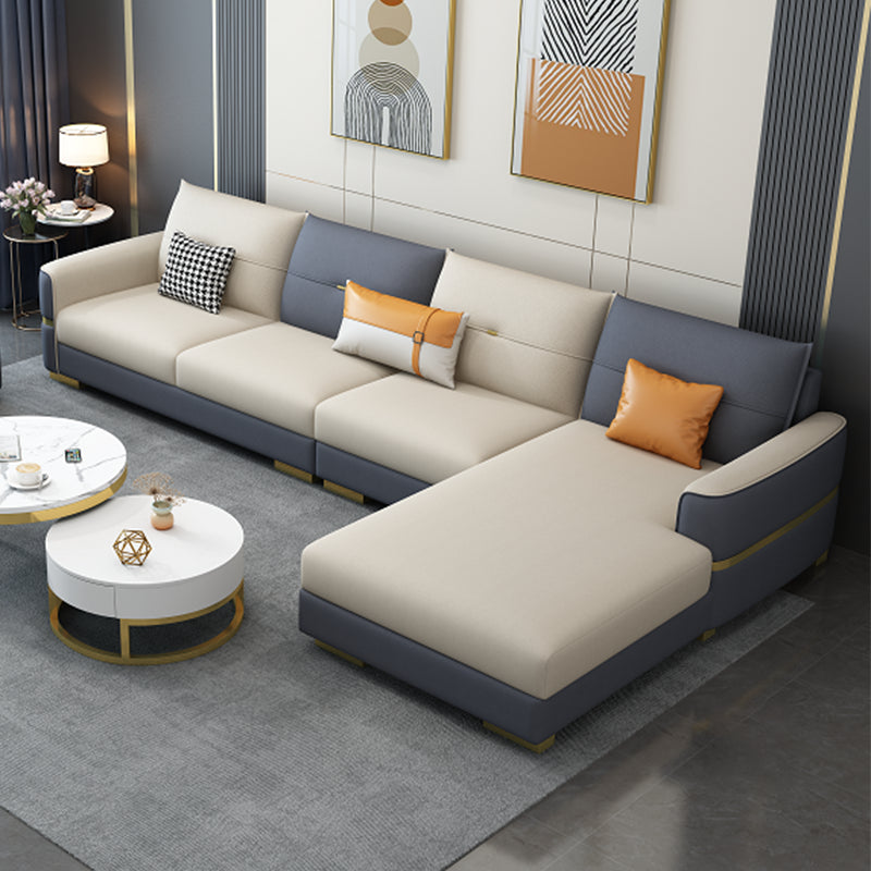 Faux Leather Square Arm Sofa Glam Grey and Beige Sofa Chaise 130"L x 69"W x 36"H Right Clearhalo 'furn' 'furn_sectionals' 'Furniture' 'Living Room Furniture' 'Sectionals' 5436783