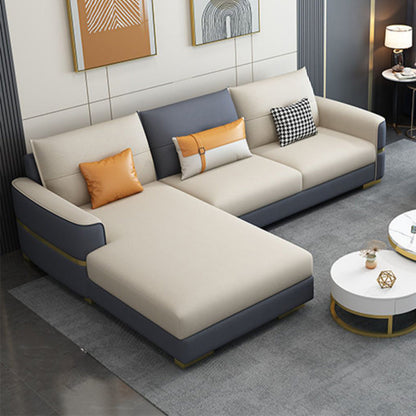 Faux Leather Square Arm Sofa Glam Grey and Beige Sofa Chaise