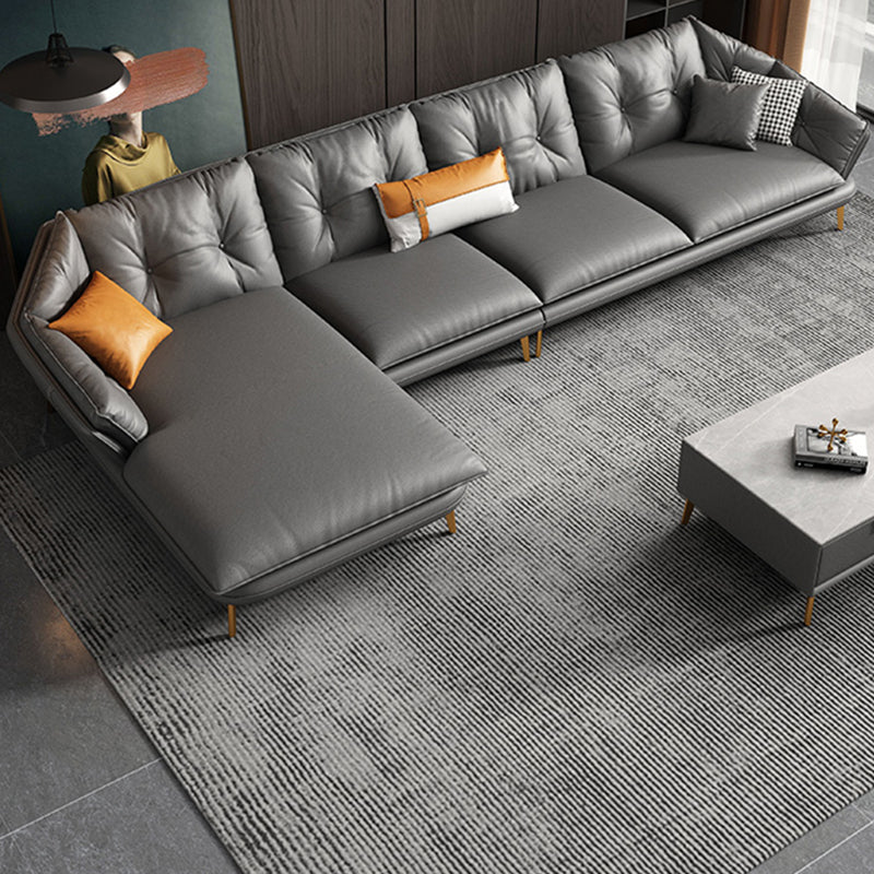 Modern 4-seat Faux Leather Sofa & Chaise Grey Sloped Arm Sofa Clearhalo 'furn' 'furn_sectionals' 'Furniture' 'Living Room Furniture' 'Sectionals' 5436890