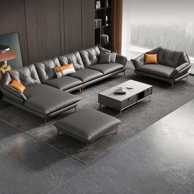 Modern 4-seat Faux Leather Sofa & Chaise Grey Sloped Arm Sofa Clearhalo 'furn' 'furn_sectionals' 'Furniture' 'Living Room Furniture' 'Sectionals' 5436892
