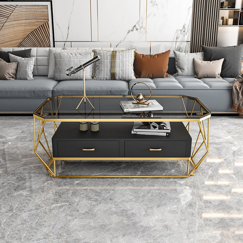 Glam Golden Frame Coffee Table with Storage Drawers Cocktail Table Glass Black Clearhalo 'Coffee & Accent Tables' 'Coffee Tables' 'coffee_tables' 'furn' 'furn_coffee_tables' 'Furniture' 'Living Room Furniture' 5437266