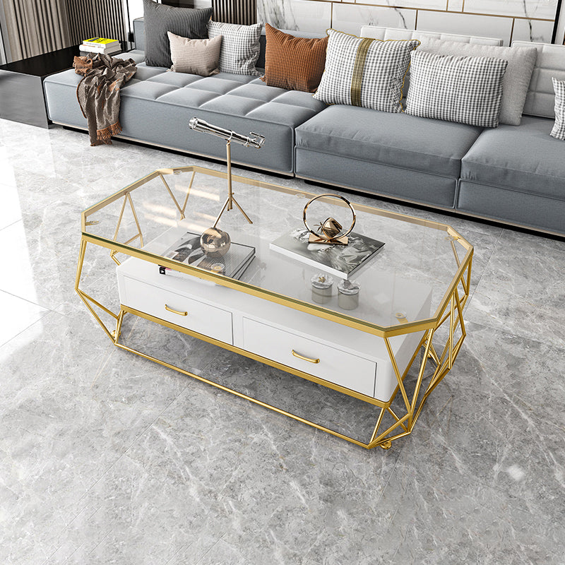 Glam Golden Frame Coffee Table with Storage Drawers Cocktail Table Glass White Clearhalo 'Coffee & Accent Tables' 'Coffee Tables' 'coffee_tables' 'furn' 'furn_coffee_tables' 'Furniture' 'Living Room Furniture' 5437267