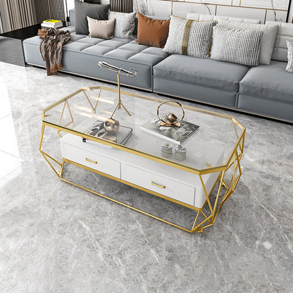 Glam Golden Frame Coffee Table with Storage Drawers Cocktail Table Glass White Clearhalo 'Coffee & Accent Tables' 'Coffee Tables' 'coffee_tables' 'furn' 'furn_coffee_tables' 'Furniture' 'Living Room Furniture' 5437267