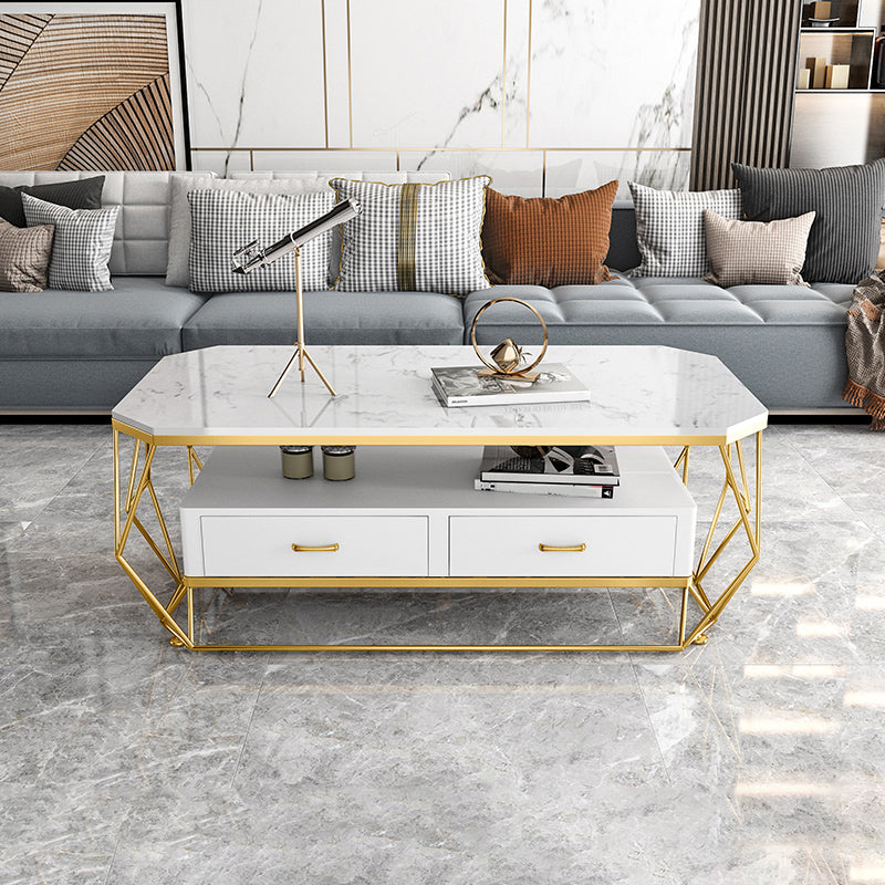 Glam Golden Frame Coffee Table with Storage Drawers Cocktail Table Stone White Clearhalo 'Coffee & Accent Tables' 'Coffee Tables' 'coffee_tables' 'furn' 'furn_coffee_tables' 'Furniture' 'Living Room Furniture' 5437277