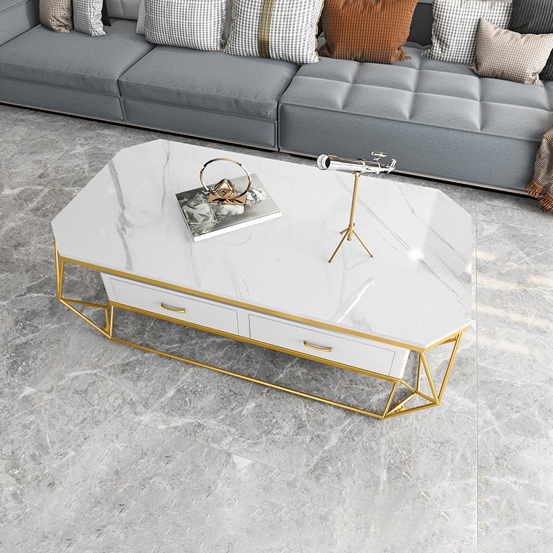 Glam Golden Frame Coffee Table with Storage Drawers Cocktail Table Stone White Black Clearhalo 'Coffee & Accent Tables' 'Coffee Tables' 'coffee_tables' 'furn' 'furn_coffee_tables' 'Furniture' 'Living Room Furniture' 5437279
