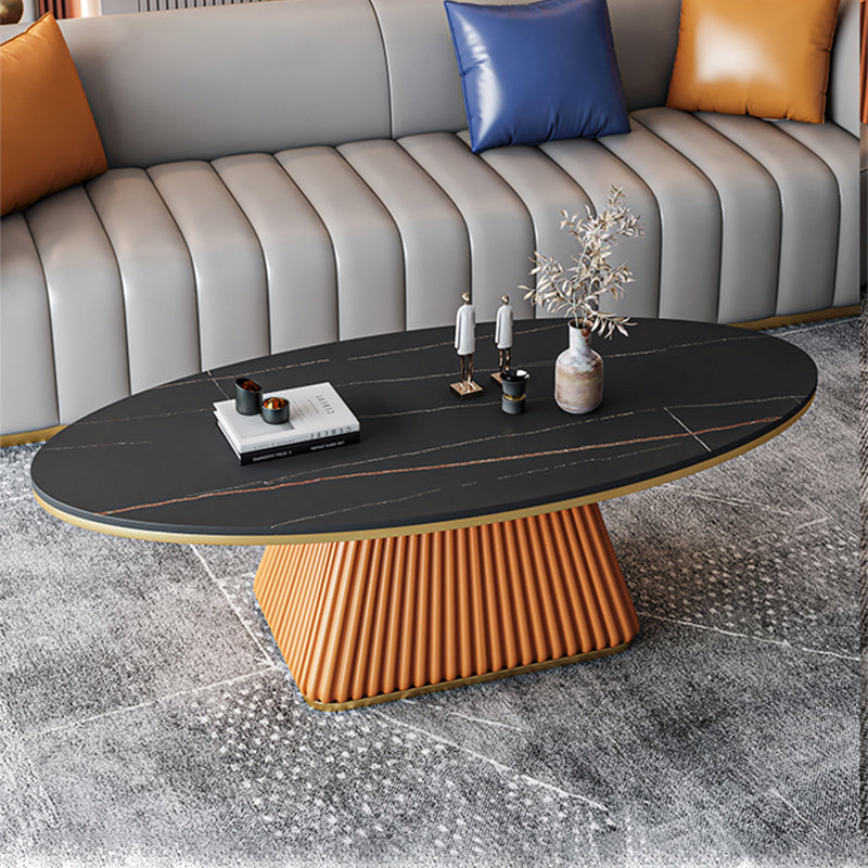 Elliptical Stone Coffee Table Pedestal 1 Single Cocktail Table - 17.72" H Orange Black Gold Clearhalo 'Coffee & Accent Tables' 'Coffee Tables' 'coffee_tables' 'furn' 'furn_coffee_tables' 'Furniture' 'Living Room Furniture' 5437348