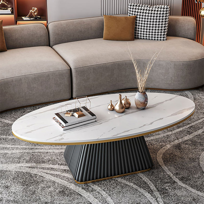 Elliptical Stone Coffee Table Pedestal 1 Single Cocktail Table - 17.72" H Black White Grey Clearhalo 'Coffee & Accent Tables' 'Coffee Tables' 'coffee_tables' 'furn' 'furn_coffee_tables' 'Furniture' 'Living Room Furniture' 5437357