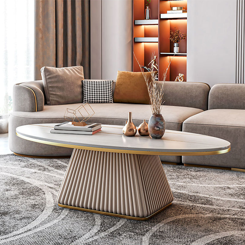 Elliptical Stone Coffee Table Pedestal 1 Single Cocktail Table - 17.72" H White White Gold Clearhalo 'Coffee & Accent Tables' 'Coffee Tables' 'coffee_tables' 'furn' 'furn_coffee_tables' 'Furniture' 'Living Room Furniture' 5437360