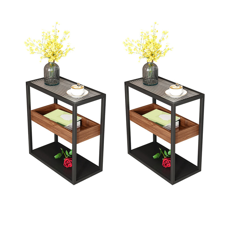 21.6" Tall Modern Rectangular Glass Top Side Table Iron Frame End Table with Shelves