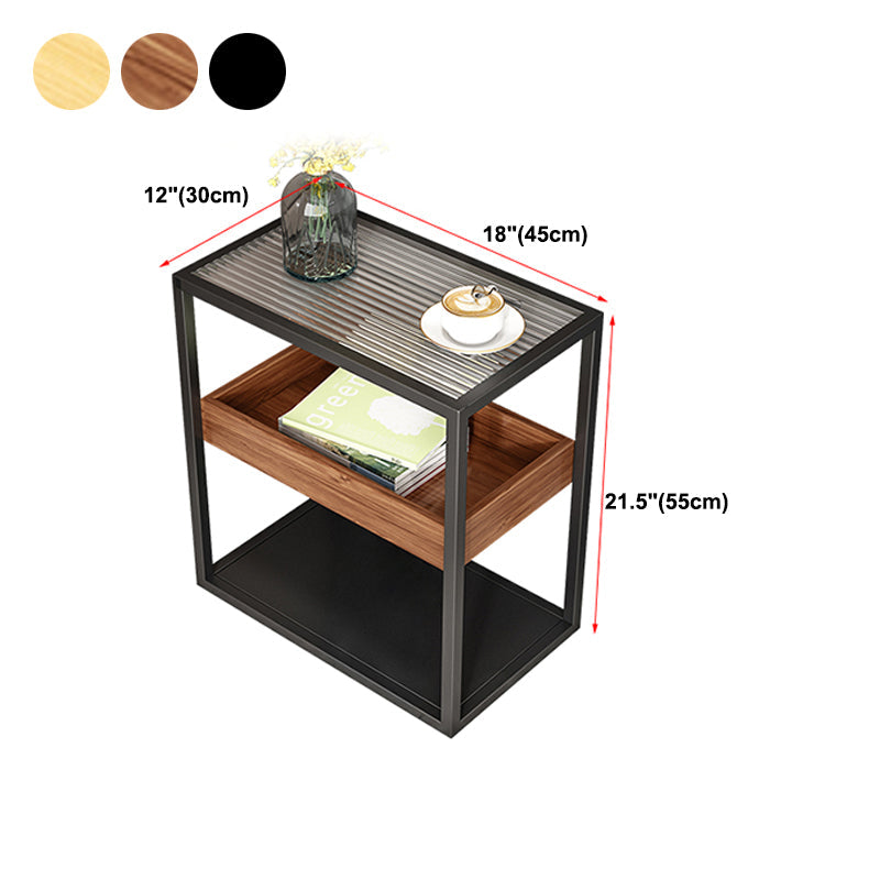 21.6" Tall Modern Rectangular Glass Top Side Table Iron Frame End Table with Shelves