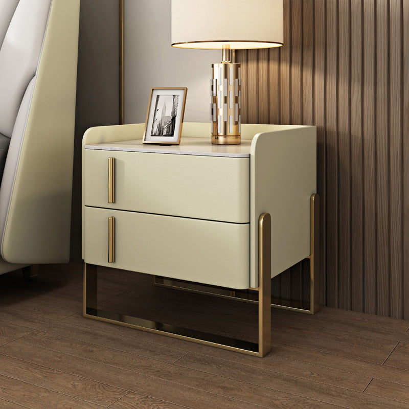 Glam Nightstand with 2 Drawer 20-inch Tall Leather Night Table Beige Clearhalo 'Bedroom Furniture' 'furn' 'furn_night_stand' 'Furniture' 'night_stand' 'Nightstands' 5437786